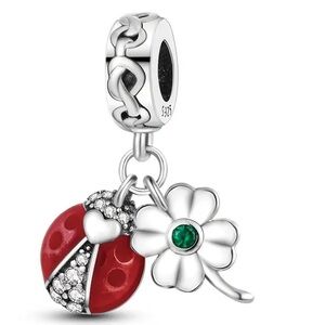 S925 Exquisite LadyBug Flower Dangle Charm - Pandora Style